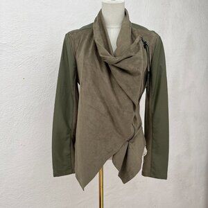 NWT BlankNYC Faux Suede Leather Moto Jacket Mixed Media Draped Olive Green Med.